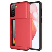 ZUSLAB Galaxy S21 FE 5G Case Slide Armor Card Holder Protective Shockproof Hard Back Cover for Samsung - Red