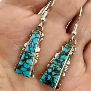 Navajo Spiderweb Turquoise Earrings 1 3/4" by Steve Francisco Sterling Silver