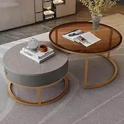 Modern Round Nesting Side Table Set of 2 Coffee and Snack End Table with Metal Frame Accent Tea Table with Drawer for Living Room Office Glass Coffee Table & Marble Table,70cm,D