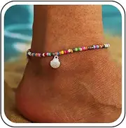 [Cybche] Boho Rainbow Beaded Anklet Bracelet Colorful Seed Bead Anklets Gold Scallop Dangle Anklet Summer Beach Rainbow Rice Bead Foot Chain Jewelry for Women