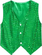 [Hedmy] Boys Girls Waistcoat Sequins Vest Sleeveless V-neck Buttons Jacket Hip-hop Jazz Dance Party Tops