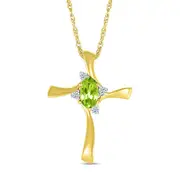 Oval Peridot and Natural Diamond Accent Swirl Ribbon Cross Pendant in 10K Yellow Gold