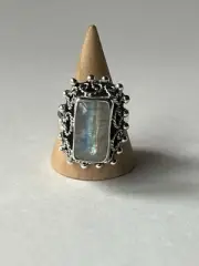 Moonstone Ring 925 Sterling Silver Rectangular Artisan Design Adjustable