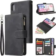 UEEBAI Wallet Case for iPhone X iPhone Xs, Premium Vintage PU Leather Magnetic Closure Handbag Zipper Pocket Case Kickstand Card Holder Slots with Wrist Strap TPU Shockproof Flip Cover - Black