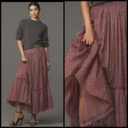 Anthropologie Tiered Tulle Maxi Skirt Pink Pull-On Dot Printed Sheer SMALL Mauve