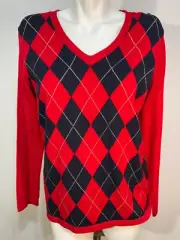 Tommy Hilfiger Women Red Blue Argyle Top Lt Sweater Shirt Medium Cotton New NWT