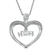 0.1 CT. T.W. Natural Diamond "FAITH" Charm in Heart Pendant in Sterling Silver