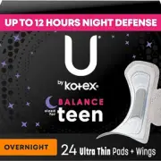 U by Kotex Balance Sized for Teens Ultra Thin Overnight Pads with Wings, 24 Ct