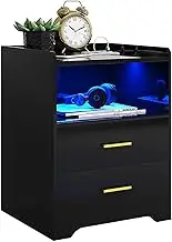 Led Nightstand Smart Bedside Table Storage Cabinet with Auto LED Light USB & Type C Ports High Gloss Finish Bedroom Black