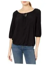 Women's Elbow-Sleeve Peasant Top with Keyhole Tie