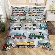 Erosebridal Kids Train Duvet Cover Twin Size for Boys Girls Colorful Steam Engine Train Bedding Sets Cartoon Train Transportation Comforter Cover with 1 Pillow Case,Gray, Green, Blue, Yellow, White