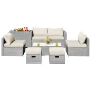 Costway 8pcs Outdoor Sofa Set All-weather Wicker Lounge Couch Patio Furniture w/Storage Box&Tempered Table White