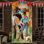 Western Party Decorations - Cowboy Photo Booth Props, Large Fabric Photo Door Banner Background, Funny Western Games Supplies for Wild Party, 6 x 3 Ft