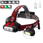 Hunting Red+Green+White LED COB Headlamp Head Torch USB Rechargeable Headllight