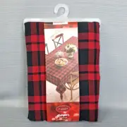 Kringle's Cottage Woven Tablecloth Plaid Red Black Oblong 60"x120" NEW