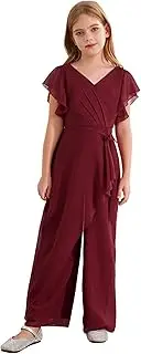 [RUNQHUI] Girls V Neck Ruffle Overlay Jumpsuit Casual Loose Belted Wide Leg Romper One Piece Summer Outfits
