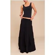 Black Cotton Tiered Drawstring Waist Maxi Skirt, Black