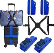 [Tsilin] Blue Luggage Straps Suitcase Tags Set，2 Pcs Luggage Straps with 2 Aluminum Luggage Tags and 1 Elastic Luggage Belt,Adjustable Travel Packing Accessories Luggage Belt for Suitcase Baggage