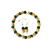 Beaded Memory Wire Bracelet and Earring Set Green and Gold