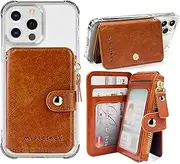 [M-Plateau] Phone Wallet Vegan Leather Magnetic Button Wallet For Men Have 6 Id Window Designed For iPhone 13 Pro Max,Google Pixel, Galaxy Attachment 3M Adhesive Sticker (Brown)