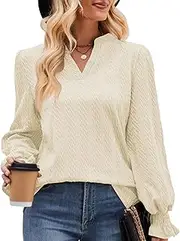 Women Top, Casual Women Shirt V Neck Long Sleeves Polyester and Polyurethane Good Clothes Matching Jacquard Knit Fabric for Travelling (L) Apricot