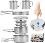 Camping Cooking Set 8PCS Stainless Steel Camping Cookware Portable Cooking Pot and Pan Set with Plates Cups for 5-6 Persons Outdoor Hiking Picnic