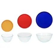 Pyrex 7401, 7402, 7403 Sculpted Mixing Bowls w/ Yellow, Red, and Blue Lids
