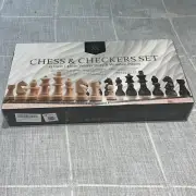 NEW NIB ALEX & ABEL CLASSY CHESS CHECKERS BOARD SET WOOD VENEER INLAY 15"