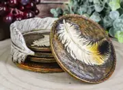 Ebros Rustic Western Indian Eagle Feather Coaster Holder with 4 Round Coasters
