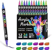 Dual Tip Acrylic Paint Pen Marker-24/48/72/96/120/168 Colors,Double Ended Two Color Paint Pens Acrylic Markers,Vibrant Fast-Dry Art Markers for Rock/Wood/Canvas & Art Projects (12 pieces 24 colors)