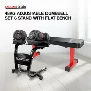 Powertrain 48KG Adjustable Dumbbell Set (Red) & Stand with Flat Bench