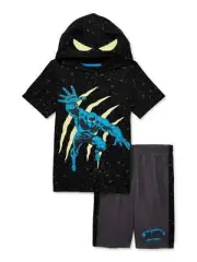 Black Panther Boys Cosplay Hooded Top & Shorts 2-Piece Outfit Set, Black Size 6