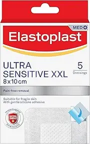 Elastoplast Ultra Sensitive XXL Wound Dressing 8 x 10 cm (5 Pack) | Extra Soft Wound Plasters with Bacteria Shield | Gentle Silicone Adhesive | Gentle Removal | Suitable for Fragile Skin
