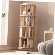Solid Wood Rotating Bookshelf on Wheels, Round Revolving 4 Tier Natural