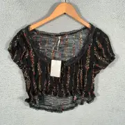 Free People Wild Love Crop Top Sz Medium Black Floral Cap Sleeve NWT (TOP ONLY)