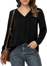[Anelune] Womens Tops Pleated Lantern Sleeve V-Neck Shirts Elegant Solid Color Loose Fit Casual Chiffon Blouse, Black, M