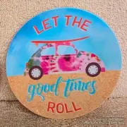 READ 4 MELAMINE TIDBIT SIDE DISH PLATE LET GOOD TIMES ROLL 60'S LOOK LOVE BUG
