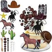 KEEPARTY 34 PCS Cowboy Cake Toppers: Cowboy Hat, Boot, Horse & Balls Decorations - Silver, Earth Tones - Perfect for Birthday, Baby Shower, Western Party