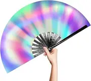OMyTea Large Rave Clack Folding Hand Fan for Men/Women - Chinese Japanese Bamboo Handheld Fan - for EDM, Music Festival, Club, Event, Party, Dance, Performance, Decoration, Gift (Aurora)