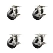 3 Inch 316SS Hard Rubber Wheel Swivel Top Plate Caster Set with Brake SCC