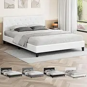 ALFORDSON Bed Frame Base Double Size, Bed Platform Foundation with PU Leather Upholstered Tufted Headboard for Mattress Topper, Madelyn White