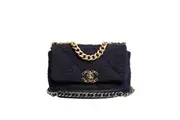 Chanel Dark Blue Medium Flap Tweed CC Gold Gray Chain Shoulder Bag