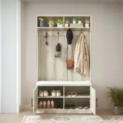 Beige Wood Coat Rack and Shoe Storage Cabinet with Hooks and Sponge Pad