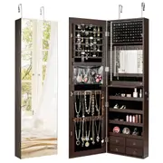 Giantex LED Full-length Mirror Jewelry Storage Cabinet w/Built-in Dresser Wall/Door Mounted Armoire Brown