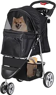Foldable Pet Stroller for Cats and Dogs 3 Wheels Carrier Strolling Cart with Weather Cover, Storage Basket + Cup Holder