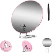 JJhxr 20X Magnifying Mirror,6 inch Makeup Magnifying Mirror,Portable Magnified Mirror with 360° Table Stand and 3 Suction Cups,Large Makeup Magnifying Mirror with Tweezers(Pink)