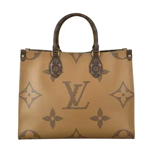 LV 45321 ONTHEGO MM花紋LOGO撞色設計Monogram Reverse帆布釦式手提肩背包(咖啡x淺咖