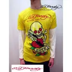 §上鉌嚴選 ED HARDY DEAD OF LOVE 骷顱頭 TATTOO 雙面圖案假兩件長袖T-黃色