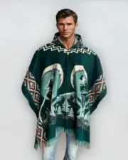 Alpaca Poncho Hooded | Soft and Comfortable Wool Navajo Design Howling Wolves