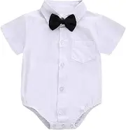 [OPAWO] Baby Boy Shirt Bodysuit Long Sleeve Dress Shirt Vest Bow-tie Button Down T-shirt Gentleman Wedding Suit Romper Christening Outfit Birthday Party Cake Smash Photo Shoot